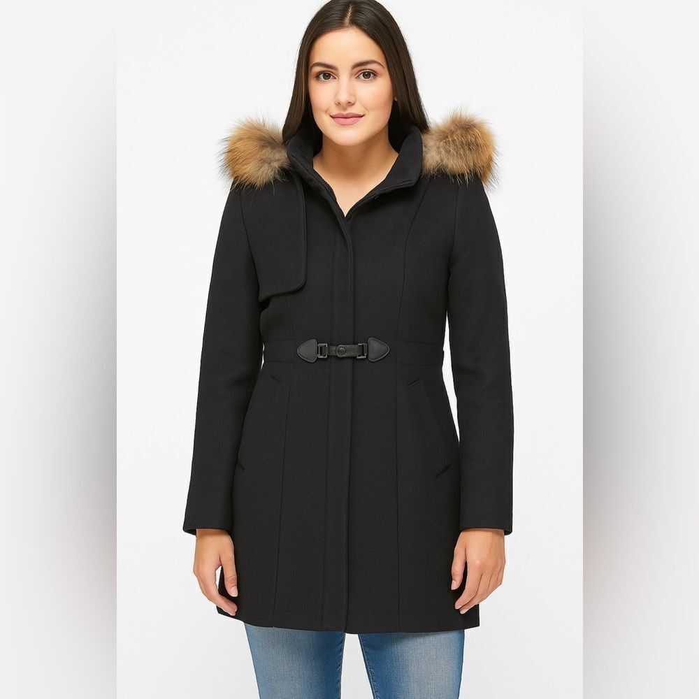 Claudie Pierlot Wool Coat with Detachable Fur Trim Hat